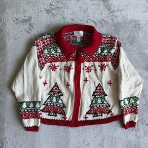 VTG 1996 SML Sport Ltd Christmas Tree Zip Up Cardigan Sweater Large Red Green